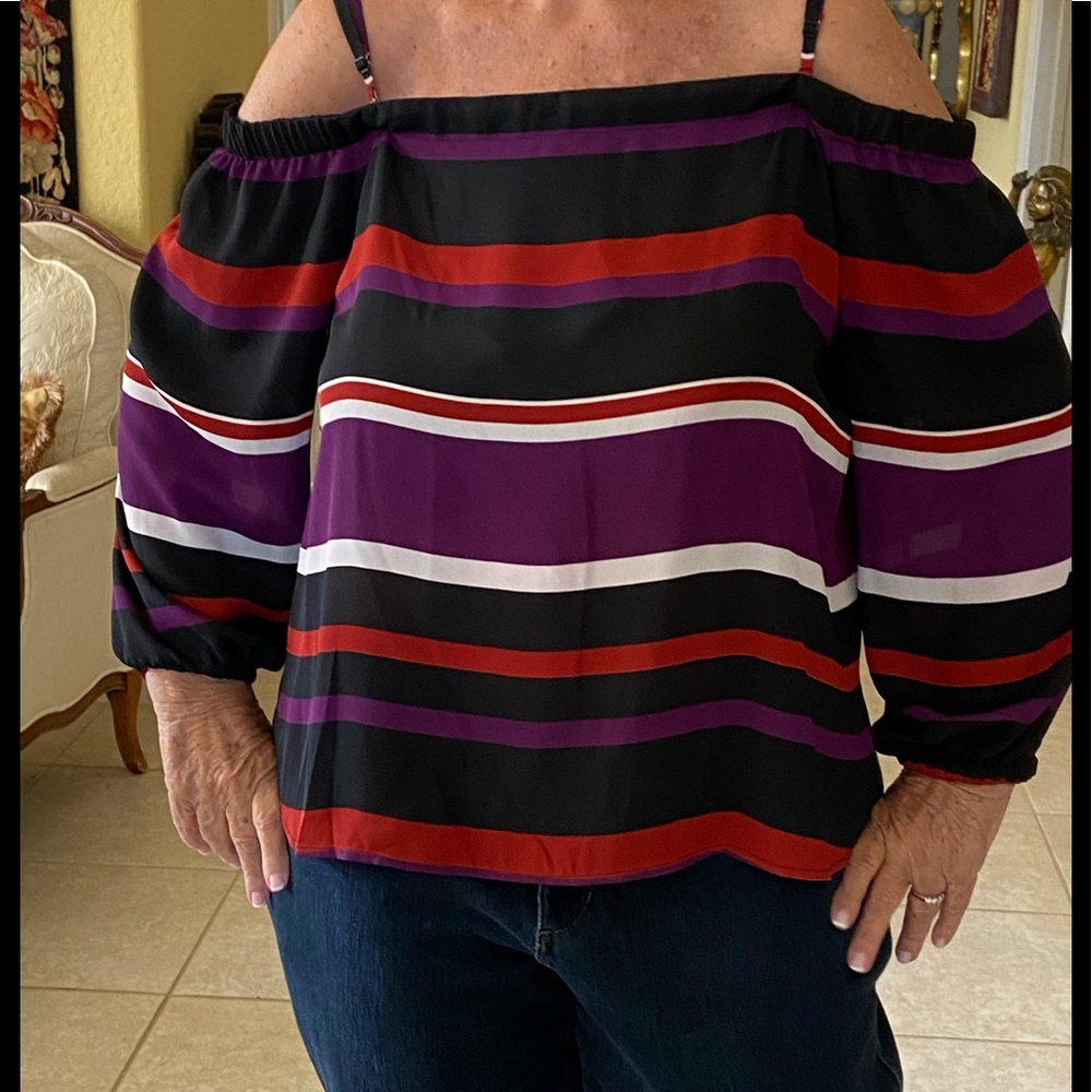Inc Off Shoulder Stripe Large Sleeves Mid Hip Top